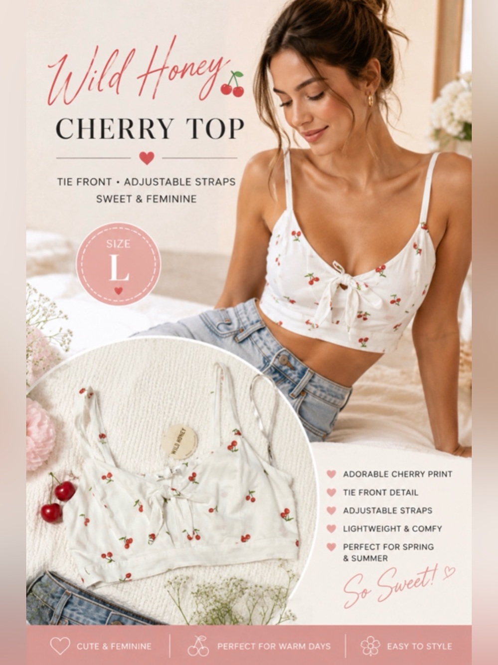 Wild Honey Red and White Tie Front Cherry top size large NWT